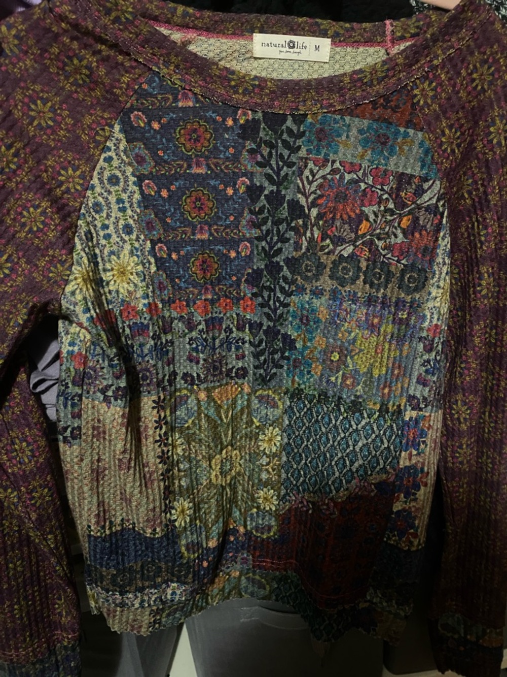 NATURAL LIFE Multicolor Patchwork Boho Pullover with Plum Sleeves